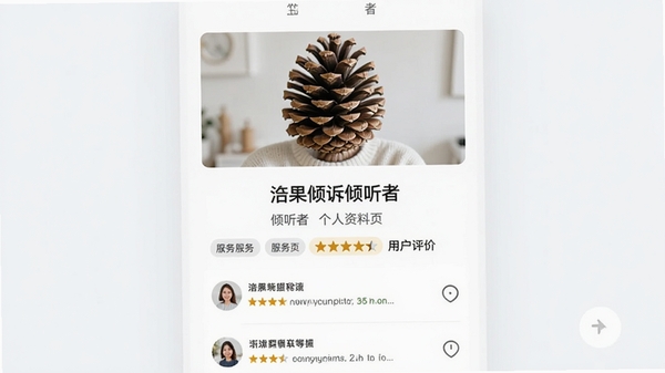 松果倾诉倾听者倾听者个人资料页预览,页面顶部为倾听者照片,下方展示其服务标签、评分星级和用户评价列表,设计风格清新简约,突出专业性与信任感
