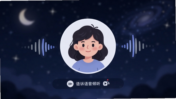 松果倾诉倾听者语音通话界面示意图,画面中央为圆形用户头像,周围有音量波动动画效果,背景为模糊的星空夜色,暗示深夜倾诉场景,界面简洁清晰,强调语音交流功能