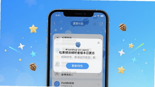 松果倾诉倾听者版本更新日志配图,画面中央为手机界面显示更新提示弹窗,背景为简洁的蓝色渐变,周围有星星图标点缀,突出新版本特性,整体风格明亮清新