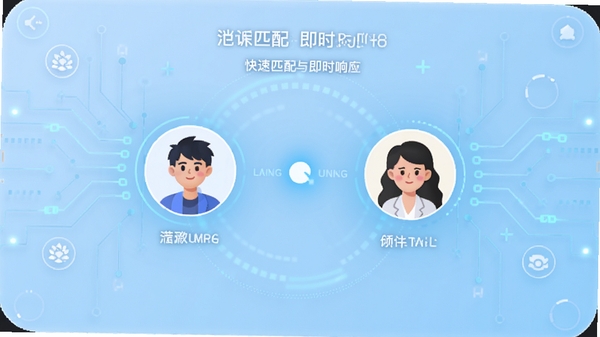松果倾诉倾听者即时匹配界面,画面显示加载动画中两个头像正在连接,背景为淡蓝色科技感光效,暗示快速匹配与即时响应,整体色调明亮积极