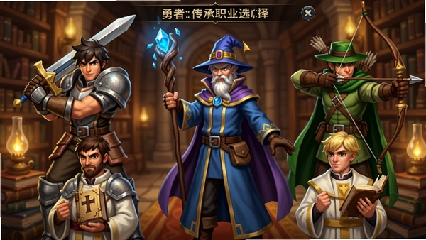 勇者传承职业选择界面,展示六个不同职业的角色立绘,包括持剑的战士、持法杖的法师、拉弓的游侠、持圣书的牧师,每个角色都有独特的盔甲和配色,背景是古老的图书馆,暖色调灯光,画面细腻,角色表情生动,展现游戏的丰富职业系统