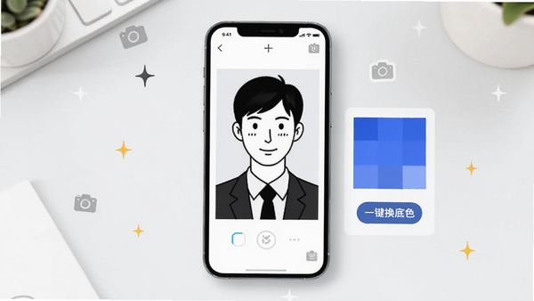 白描证件照主界面预览图,画面中央是一台智能手机,屏幕中展示着证件照制作界面,一位年轻职业人士的半身像轮廓清晰,右侧有蓝色背景色板和一键换底色的按钮,整体色调明亮简洁,背景为干净的浅灰色工作台,手机周围点缀着几颗微小的星星和相机图标元素