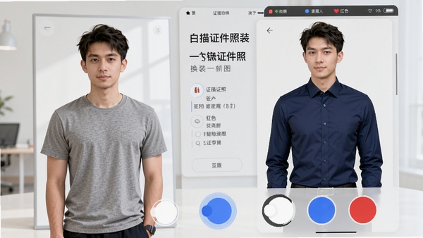 白描证件照一键换装功能演示图,画面展示一位穿着休闲T恤的用户照片,在软件界面操作下,迅速变换为穿着深蓝色正装衬衫的效果,同时界面下方有白色、蓝色、红色三个背景色圆形切换按钮,色彩鲜艳,对比明显,背景是简洁的产品功能说明展板