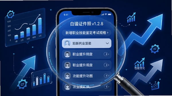 白描证件照v1.2.8版本更新功能展示图,画面采用科技感的信息图设计风格,中央是手机屏幕的放大展示,屏幕内显示新增的职业技能鉴定考试规格列表,背景点缀着数据图表和性能优化箭头图标,整体色调以蓝色和白色为主,突出效率提升和功能扩展的主题