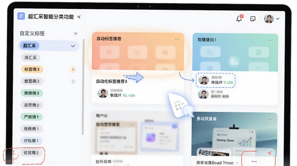 超汇采智能分类功能界面,左侧显示自定义标签列表,右侧为内容卡片预览,色彩柔和,突出自动化标签推荐与用户自定义的交互细节