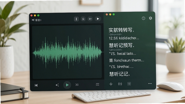慧听记软件主界面预览图,展示录音波形与实时转写文字对照,背景为现代办公桌面,左侧有音频波形图,右侧为文字列表,整体色调清新自然,突出高效记录与智能转写功能,居中构图,光线明亮柔和