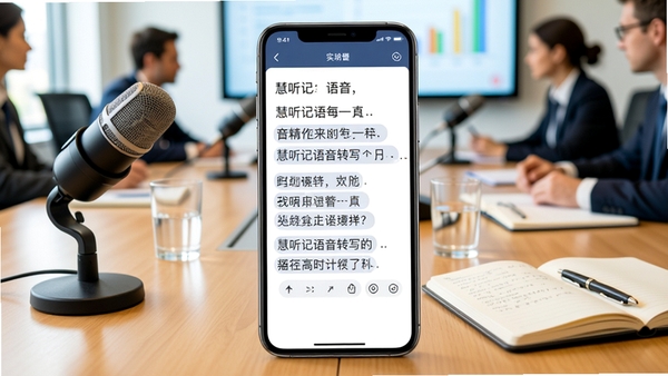 慧听记语音转写功能演示图,画面中央为智能手机屏幕,显示实时转写文字流,背景为会议室场景,有麦克风和笔记本,突出高精度识别与实时反馈,色彩鲜明,细节丰富