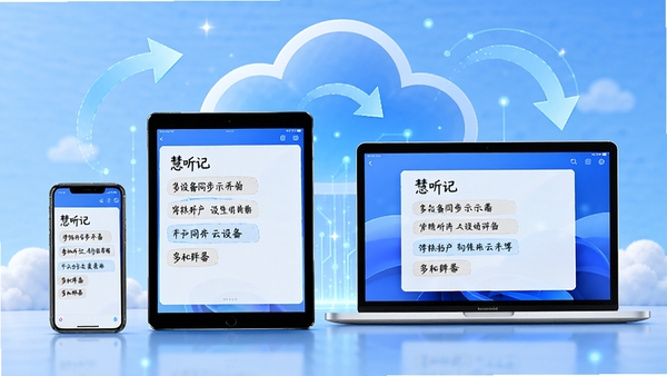 慧听记多设备同步示意图,画面展示手机、平板、笔记本电脑三台设备屏幕上的相同笔记内容,背景为云朵和同步箭头图标,整体科技感强,蓝色主色调,突出跨平台与云同步特性