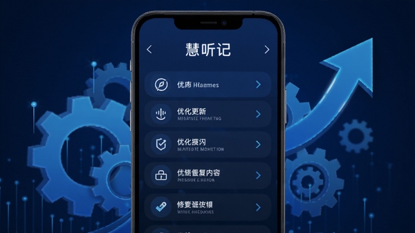慧听记更新日志配图,画面为手机屏幕展示版本更新功能列表,背景有齿轮和向上箭头图标,科技蓝风格,突出优化与修复内容,简洁明了