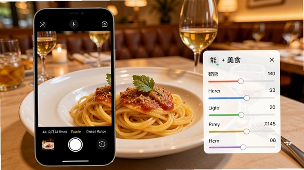风月AI拍软件AI场景识别功能演示图,手机屏幕显示正在识别“美食”场景,画面中有一盘精致的意大利面,旁边有智能参数调节浮窗,背景是温馨的餐厅环境,色调温暖明亮,突出AI识别与美食摄影的完美结合。