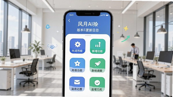 风月AI拍更新日志配图,展示手机屏幕上的版本更新界面,有新增功能图标,背景为现代办公室,简洁明亮,突出软件升级的积极氛围。