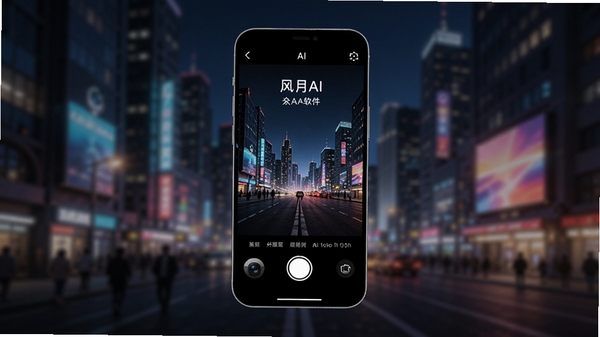 一张展示风月AI拍软件主界面的高清宣传图,画面中央是手机屏幕,屏幕内显示AI拍摄模式选择界面,背景是虚化的城市夜景,色彩斑斓,突出科技感与摄影艺术感,整体风格现代简约,光线柔和。