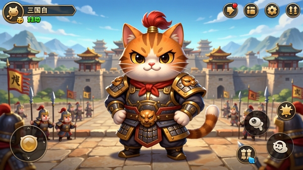 猫三国游戏主界面全景预览图,画面中央是一只身披战甲的橙色猫咪将军,身后是恢弘的三国城池背景,界面UI布局清晰,色彩鲜艳明快,整体风格萌趣可爱,竖版手机游戏画面,高细节渲染