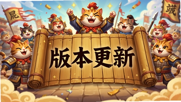 猫三国游戏版本更新公告图,画面中央有一卷打开的竹简,竹简上写着“版本更新”四个大字,背景是游戏中的猫咪武将们聚集在一起庆祝,色彩喜庆,氛围欢乐,游戏宣传图风格