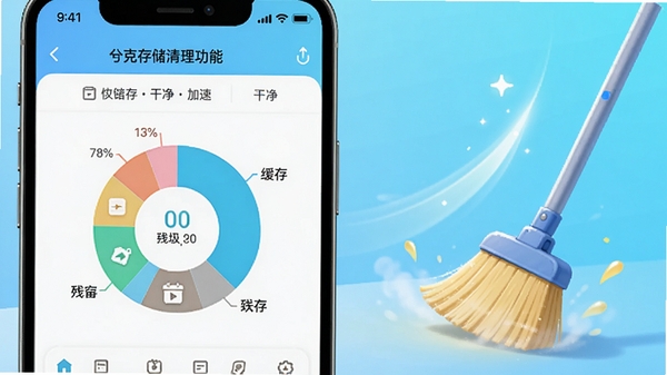 兮克存储清理功能,手机界面显示垃圾文件扫描结果,以饼状图分类展示缓存、残留包等,背景有清扫动画效果,色彩清新明亮,突出干净、加速的视觉感受