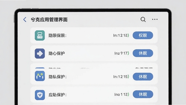 兮克应用管理界面,屏幕展示应用列表,每个应用右侧显示权限数量和休眠按钮,背景以浅灰色为主,简洁明了,突出隐私保护和管理功能