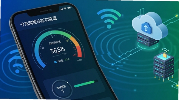 兮克网络诊断功能界面,手机屏幕显示实时网速仪表盘和网络质量评分,背景有Wi-Fi信号波纹和云端服务器图标,色彩以科技蓝和绿色为主,体现专业与高效