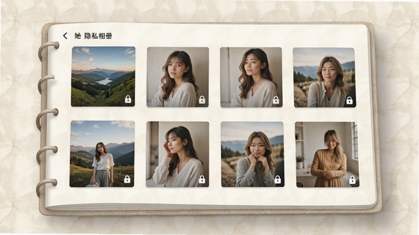 她秘隐私相册功能预览,画面展示一个精美的相册界面,内部有风景、人物等照片缩略图,每张照片右下角都有小锁标志,背景是淡雅的浅色纹理,相册风格清新自然,整体感觉安全又舒适