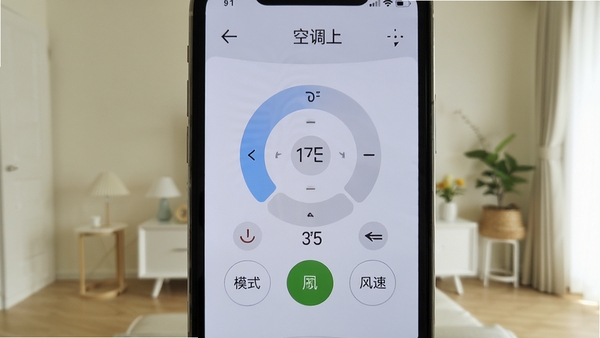 空调遥控器王主界面截图,手机屏幕显示空调控制面板,包含温度调节、模式切换、风速控制按钮,背景为浅色家居环境,画面主体居中,细节清晰