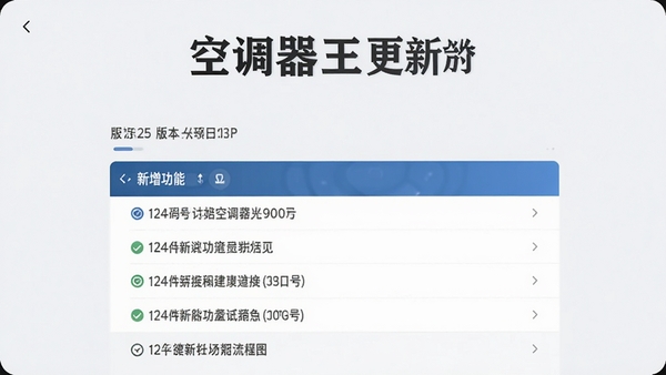 空调遥控器王更新日志界面,展示版本号和新增功能列表,背景为简约商务风格,突出软件名称