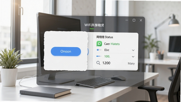 WIFI共享精灵主界面预览图,展示简洁的开启按钮与网络状态面板,背景为现代化办公桌面环境,光线明亮自然,界面元素清晰可见