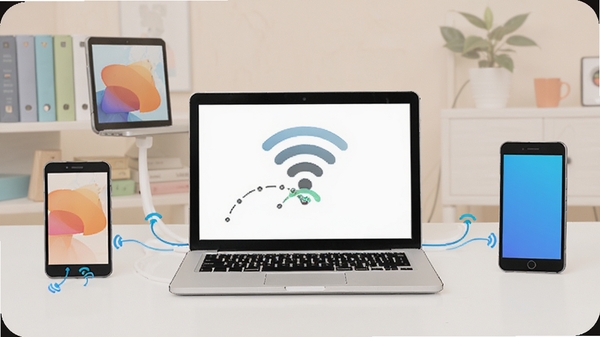 WIFI共享精灵安全使用场景插图,画面展示一台笔记本电脑正在共享网络,周围有多个设备连接,风格简约现代,色彩明快