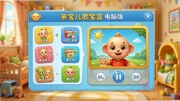 亲宝儿歌宝盒电脑版主界面预览图,卡通风格的儿童房背景,界面展示清晰的儿歌分类列表与播放窗口,整体色调明快温暖,高清渲染,细节丰富