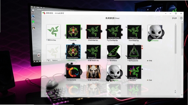 炼狱蝰蛇驱动配置文件管理界面,显示多个游戏配置图标,背景为桌面电竞环境