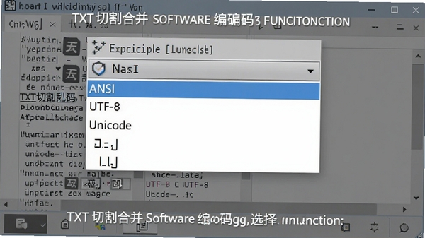 生成一张关于TXT切割合并软件编码选择功能的图片,画面中显示一个下拉菜单,包含ANSI、UTF-8、Unicode等选项,背景是打开的文本文件内容,突出软件解决乱码问题的能力。