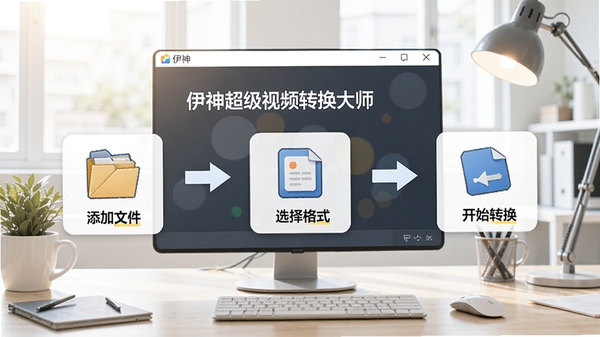 伊神超级视频转换大师操作流程图,展示从添加文件到选择格式再到开始转换的步骤,背景为明亮的办公桌面环境,突出软件界面的友好与易用性