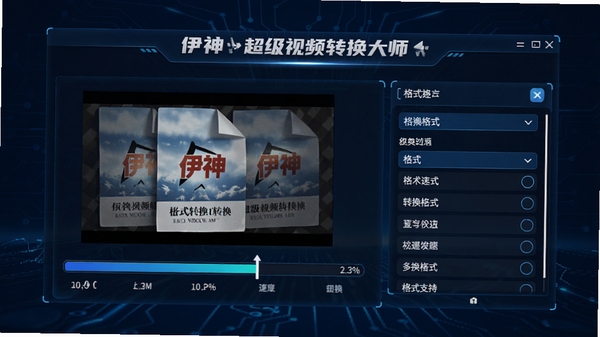 伊神超级视频转换大师格式转换过程演示图,画面显示视频文件正在处理中,有进度条和格式选择列表,背景为深蓝色科技风格,突出转换速度与多格式支持