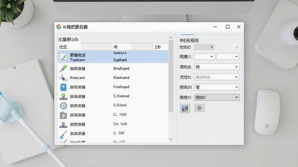 拖把更名器主界面预览图,展示批量文件列表与命名规则设置面板,背景为浅灰色桌面环境,软件窗口居中,图标清晰,整体风格简洁明亮