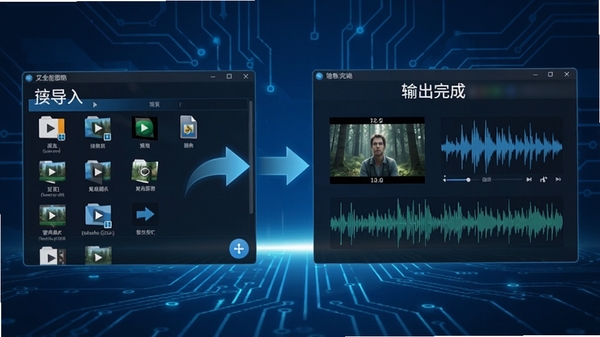 艾奇全能视频转换器格式转换过程示意图,展示视频文件从列表导入到输出完成的界面变化,画面中体现高清晰度视频与音频波形,背景科技感蓝色调