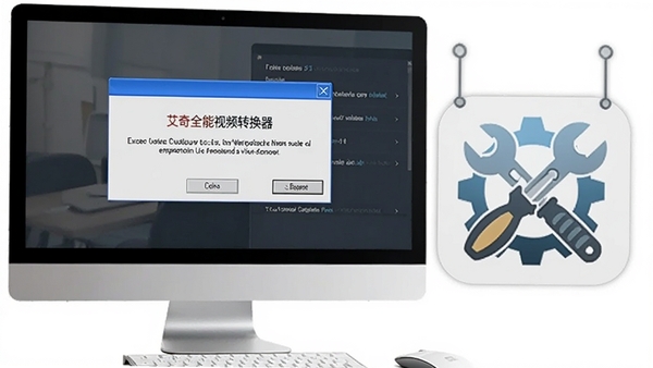 艾奇全能视频转换器错误修复提示图,画面中一个电脑屏幕显示错误对话框,旁边有修复工具图标,氛围专业且具有指导性
