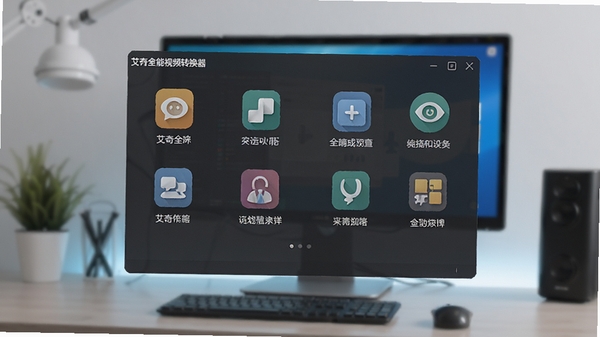 艾奇全能视频转换器主界面预览图,展示其简洁清晰的功能布局,背景为现代化电脑桌面环境,图标醒目,色彩搭配专业且友好