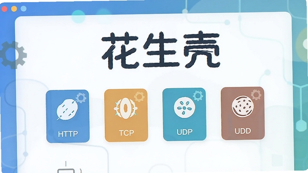 花生壳多协议支持界面,展示HTTP、TCP、UDP等协议图标,背景为现代扁平化设计,突出软件名称与协议种类