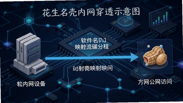 花生壳内网穿透示意图,展示从内网设备到公网访问的链路,背景为科技感网络拓扑图,标注软件名称与映射流程