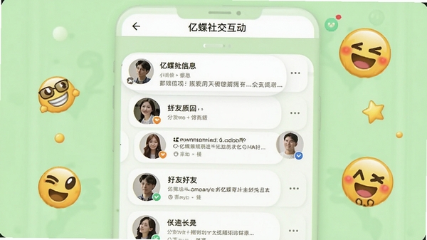 亿蝶社交互动界面,展示动态信息流与好友头像,背景以清新的浅绿色为主,配有可爱的表情符号元素,体现社区活跃与友好氛围。
