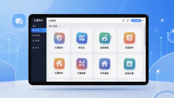 亿蝶软件主界面预览图,展示其整洁的布局与多彩的功能图标,背景为现代简约风格的渐变蓝色调,突出科技感与生活气息,整体画面明亮清晰,适合作为应用商店展示图。