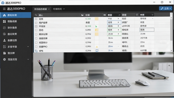 速达3000PRO软件主界面截图,左侧功能导航栏,右侧业务数据表格,背景为整洁的办公桌面,整体风格商务简洁,高清细节
