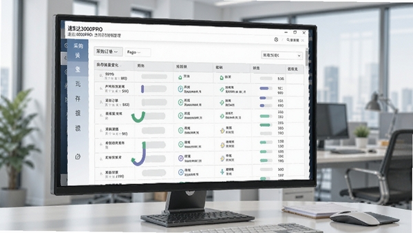 速达3000PRO进销存管理界面,展示采购订单与库存数量变化,数据表格清晰,背景为办公室场景,商业风格