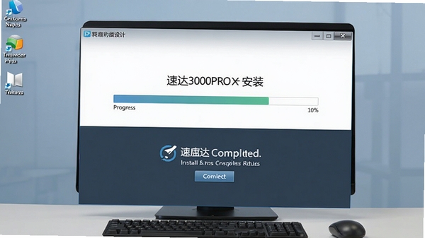 速达3000PRO安装过程界面,显示进度条,背景为电脑桌面,安装完成提示,商务风格