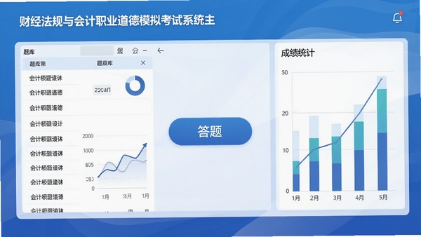 财经法规与会计职业道德模拟考试系统主界面,展示题库列表、答题按钮和成绩统计图表,背景为简洁的蓝色渐变,整体风格专业且清爽