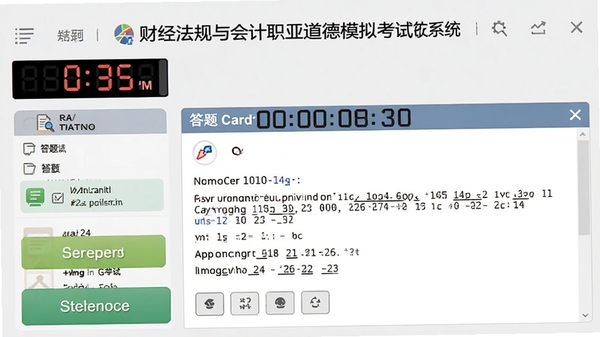 财经法规与会计职业道德模拟考试系统的模拟考试界面,显示倒计时、答题卡和题目区域,背景为浅灰色,突出功能按钮