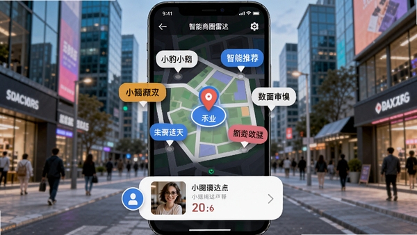 小豹逛街智能商圈雷达功能截图,手机界面显示以用户为中心的地图,周围有多个店铺标签弹出,底部有滑动卡片展示店铺详情,背景为现代城市街区,色彩鲜明,突出定位与推荐功能