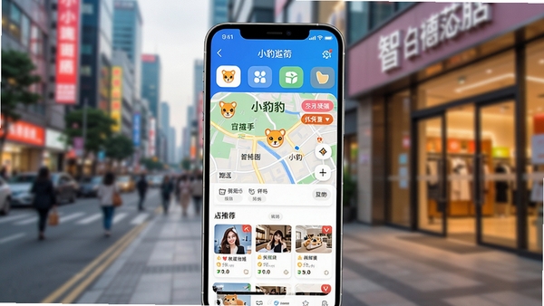 小豹逛街app主界面预览图,展示附近商圈地图与店铺推荐列表,手机屏幕中显示清晰的分类图标与优惠标签,背景为模糊的城市街道与商场入口,整体色调明亮活泼,突出智能逛街与本地生活服务主题
