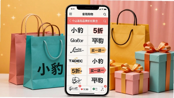 小豹逛街品牌折扣聚合页面,手机界面展示多个品牌logo与折扣标签,如“5折”“买一送一”,背景为购物袋与礼品盒,画面色彩丰富,突出省钱购物主题