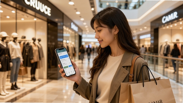 小豹逛街使用场景图,一位年轻女性在商场内拿着手机查看店铺信息,周围有店铺招牌与购物袋,画面温馨自然,突出移动端便捷体验