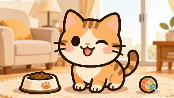 快乐小猫核心全貌,一只卡通风格的可爱小猫在温馨的室内房间中,旁边有猫粮碗和玩具球,画面整体明亮温暖,采用扁平化插画风格,主色调为橙色和米色,突出治愈和陪伴的氛围,背景是模糊的客厅沙发和落地窗。