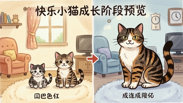 快乐小猫成长阶段预览图,展示同一只小猫从巴掌大的幼崽到体型健硕的成年猫的对比图,背景是逐渐变化的房间装饰,暗示时间流逝,画面采用温馨的手绘风格。